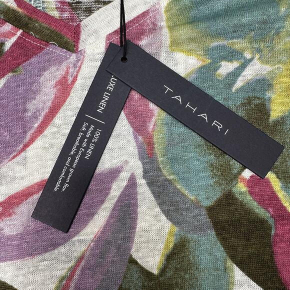 Tahari 100% Linen T-Shirt WMNS 1X Multicolor Floral V-Neck Pullover Short Sleeve - Picture 6 of 6